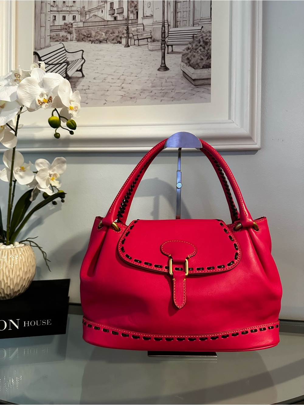 Dooney & Bourke Florentine Fuchsia Pink Leather Whipstitch Flap Satchel Bag EUC